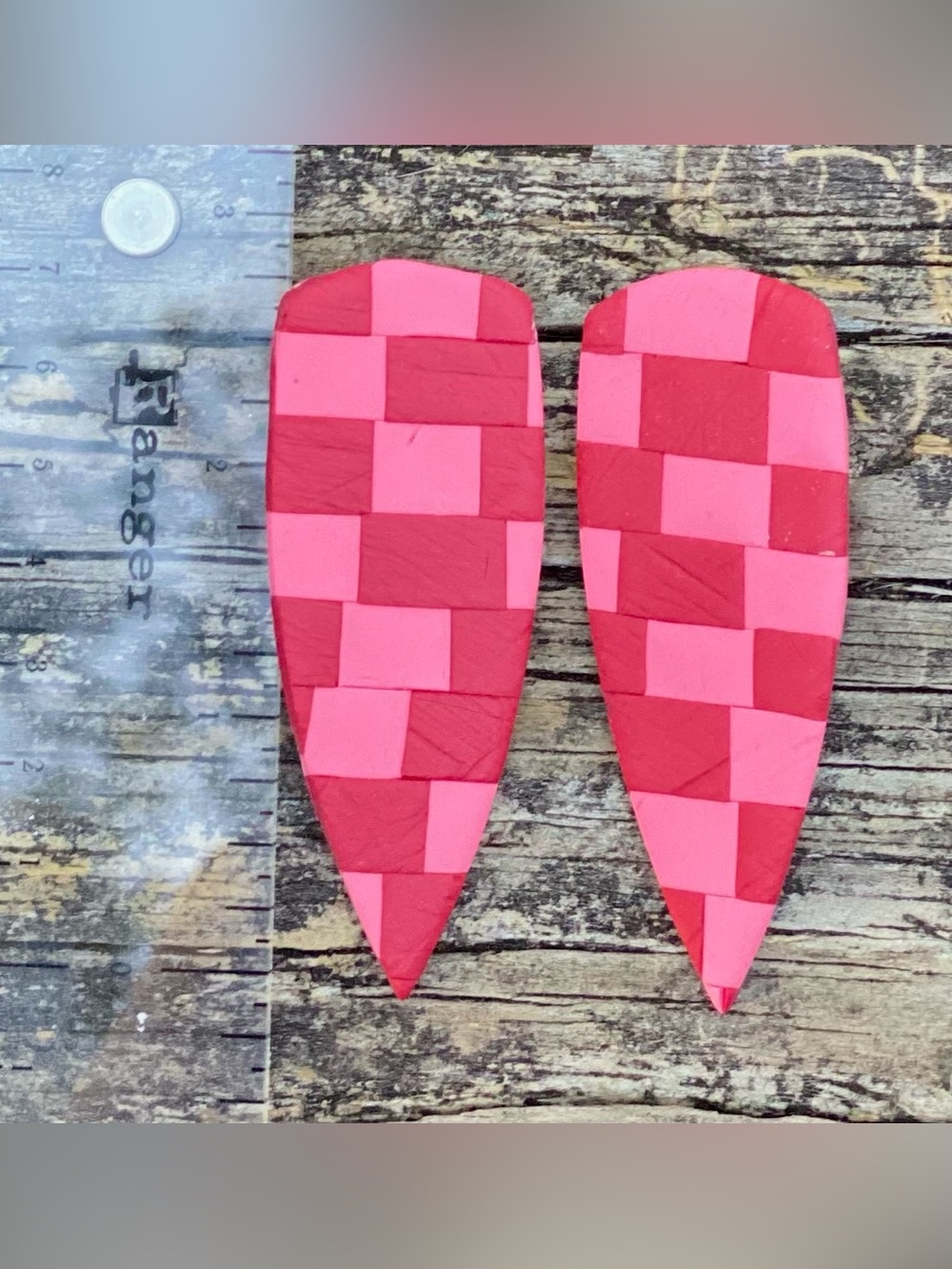 Handcrafted Checkerboard Teardrop Earrings in Pink and Red - Picture 2 of 3